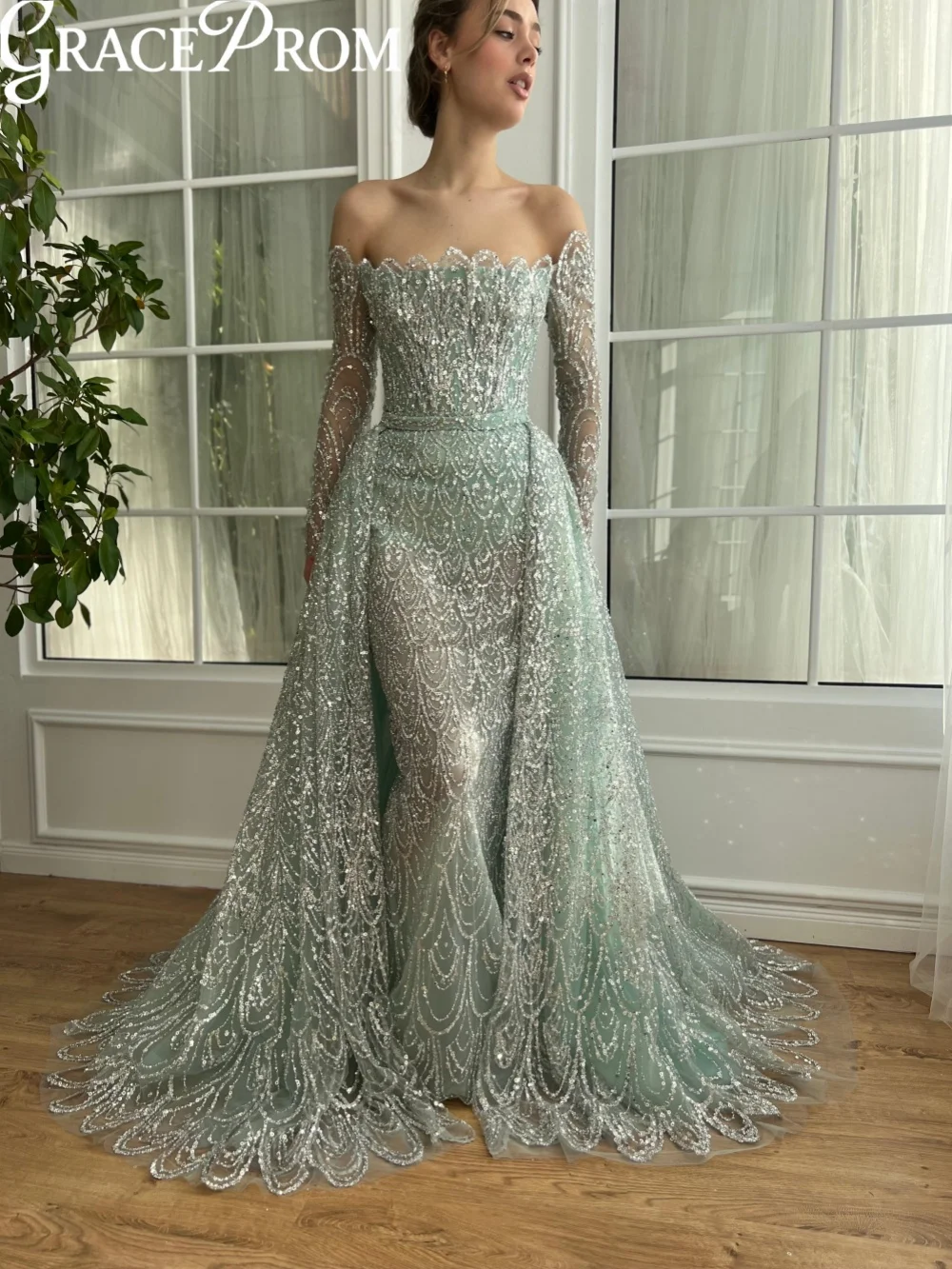 

Mint Green Beaded Evening Dress With Overskirt Charming Off Shoulder Wedding Party Gown Customized Floor-length Prom Dresses