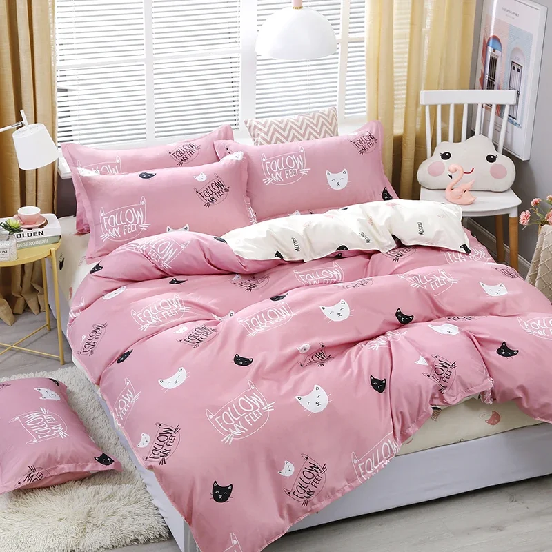 

150/180/200/220CM Cat Print Pink & Green Polyester Bed Sheet Duvet Cover Pillowcase Four-piece Spring Autumn Bedding Set M041-8