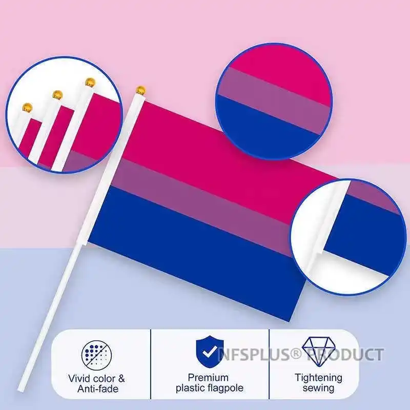 10 Pack Bisexual Flags LGBT Bi Pride 14x21cm Polyester Printed Rainbow Flag With Mini Stick Flagpole For Decoration Celebration