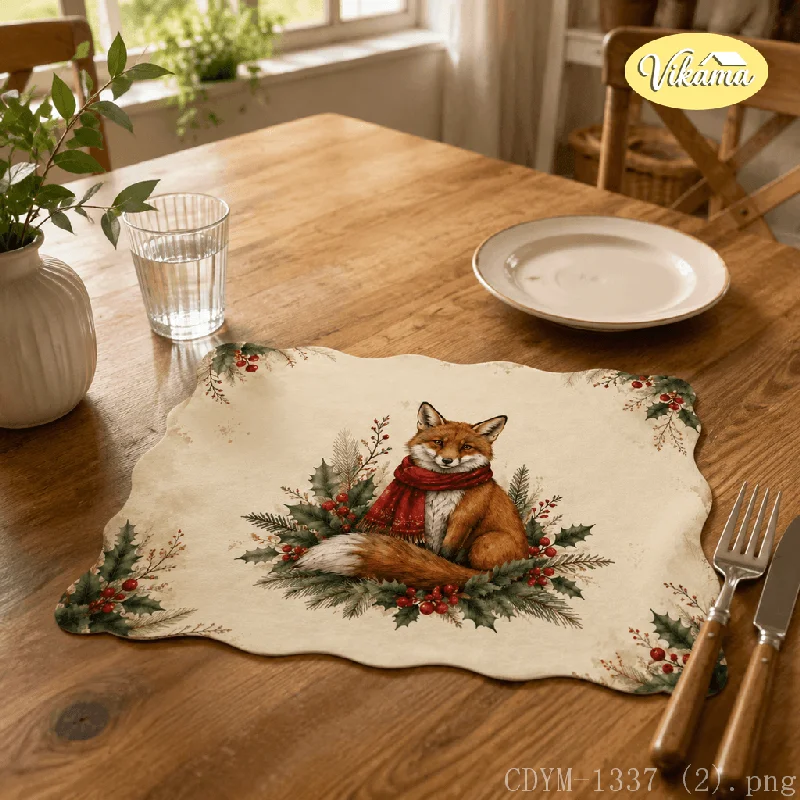 VIKAMA Christmas Placemat Fox Red Scarf Holly Pine, Waterproof Oil-Proof Heat-Resistant Holiday Table Mat for Home