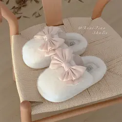 Cute bow plush warm cotton shoes indoor home leisure comfortable winter cotton slippers women