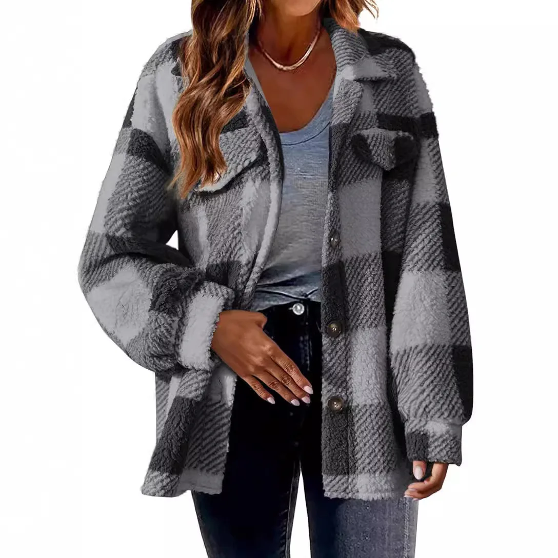 Women's Pocket Plaid Lamb Wool Jacket Button Plush Jacket