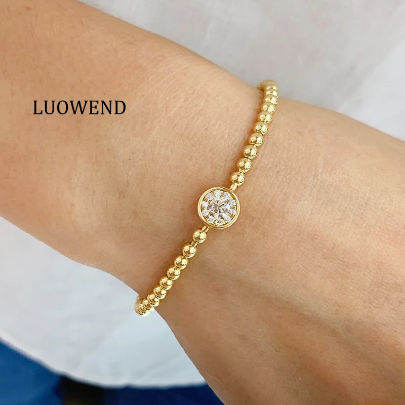 LUOWEND 100% 18K Yellow Gold Bracelet Fashion Metal Style Real Natural Diamond Elastic Bracelet for Women High Party Jewelry