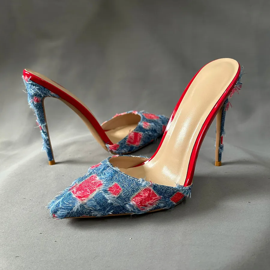 

Новое поступление 2023 года, пикантные модные синие джинсы, женские шлепанцы на шпильке с острым носком, летние сандалии без шнуровки на очень высоком каблуке 12 см