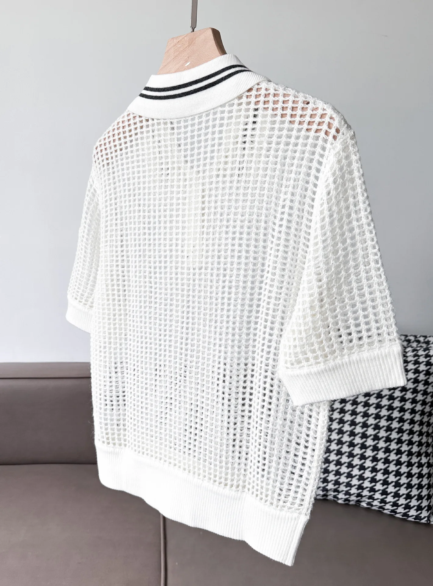 24 Spring New Knit Tops Simple Style Hollowed Out Sequins POLO Collar Short Sleeve Knit Sweater Women