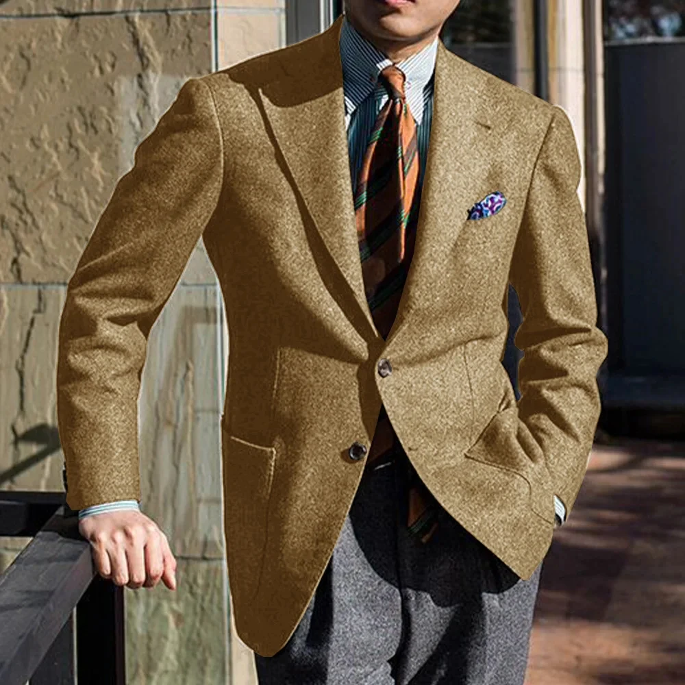 Mens Wool Blend Suit Jacket Single Breasted Business Blazer Casual Fashion Slim Fit Comfortable Elegant Tweed Coat Outerwear