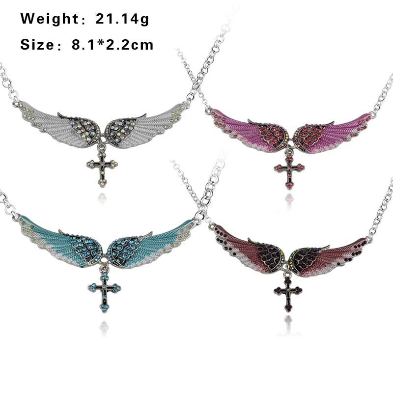 Fashion Blue White Pink Charm Crystal Angel Wings Cross Pendant Necklace Shellhard Vintage Jewelry for Women Bridal Wedding Gift