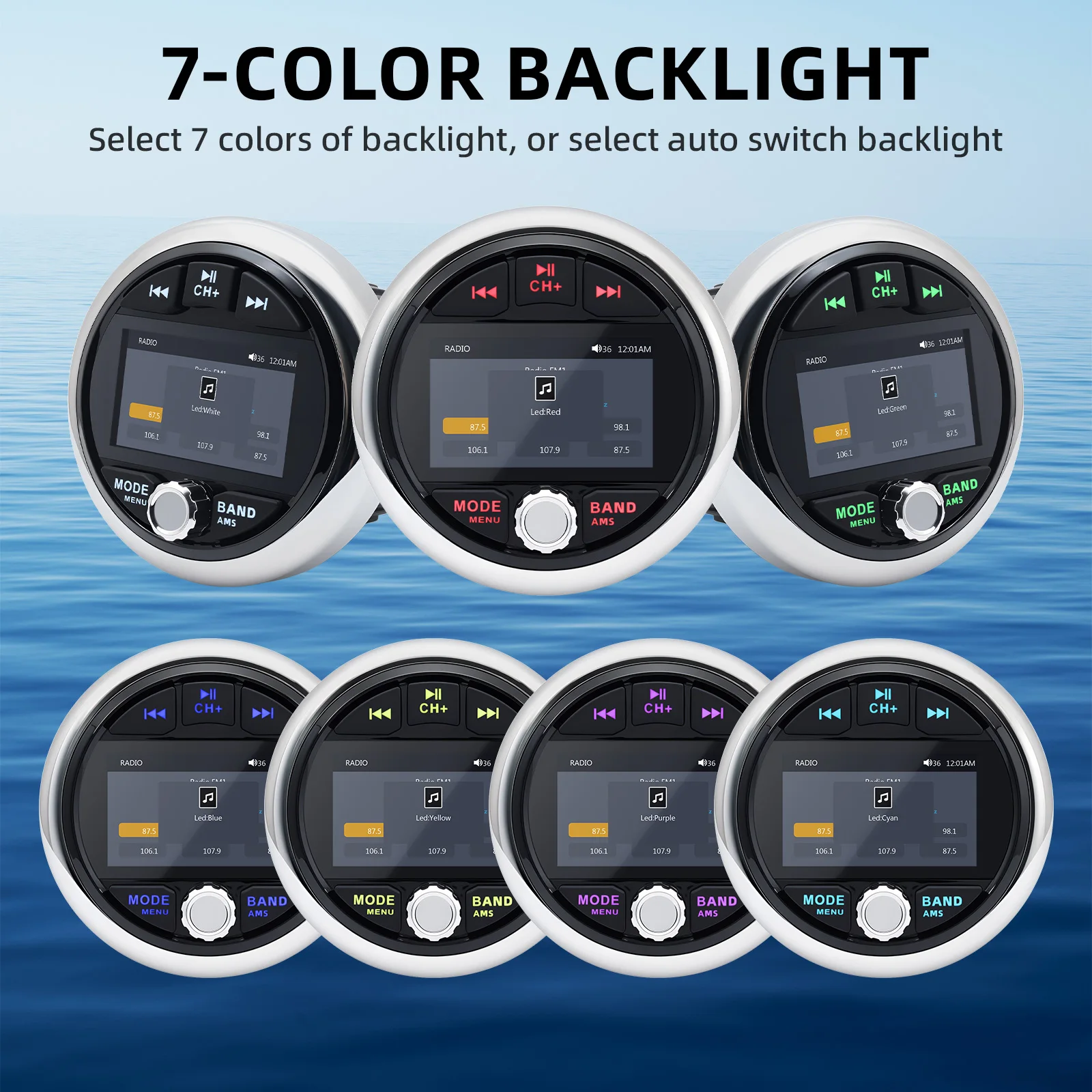 MP5 Boat Radio MP5 Stereo Radio Player 7-Color LED Light Media Player FM AM Radio Bluetooth-compatible For Boat Yacht  ATV UTV