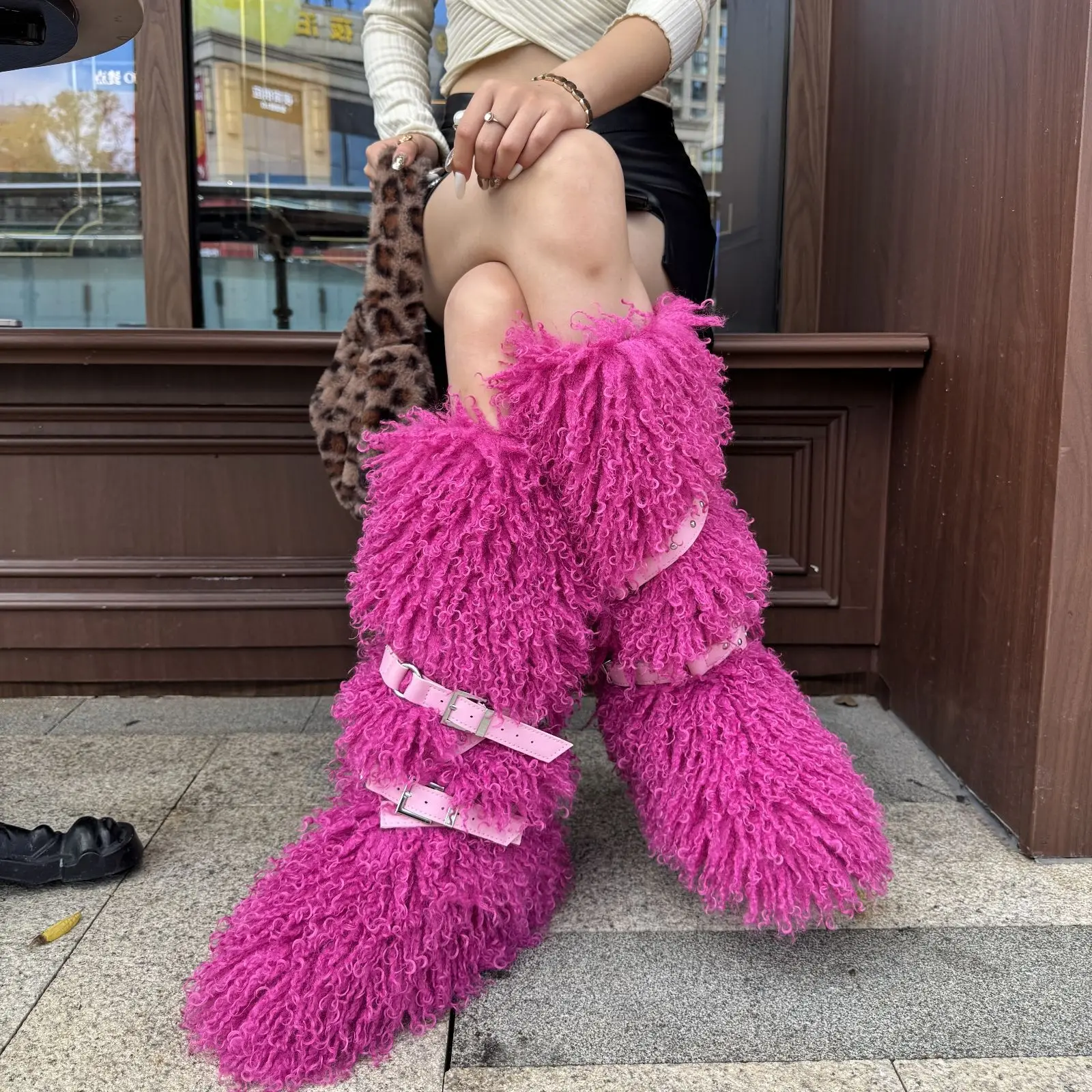 

Faux Mongolian Fur Snow Boots New Warm High Barrel Cross Strap Willow Nail Anti slip Cotton Boot