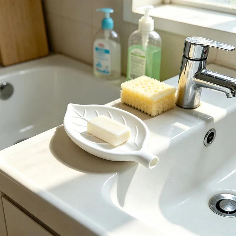 3D Printed Leaf-Shaped Soap Dish with Drainage Holes, Simple Black Soap Holder for Bathroom Sink