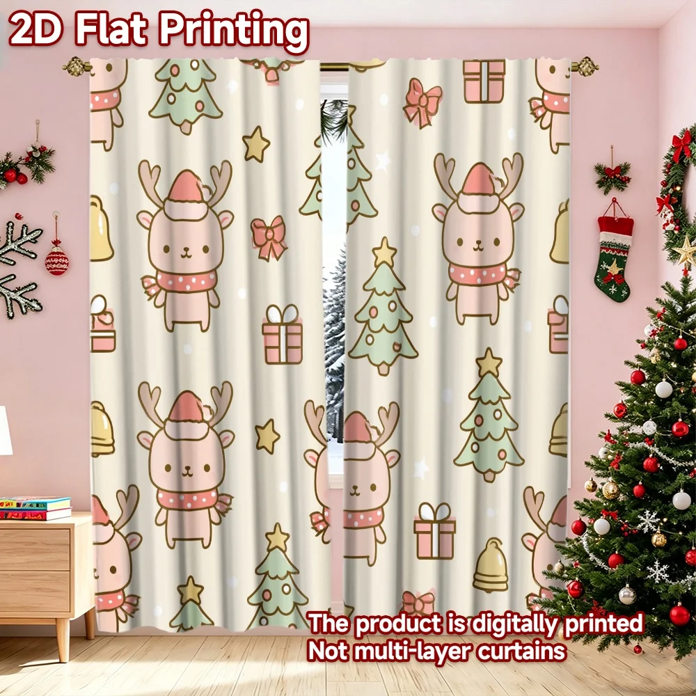 2D flat printing 2pcs High-Quality Christmas Curtains Christmas Reindeer and Gifts Digitally printed polyester, colorfast