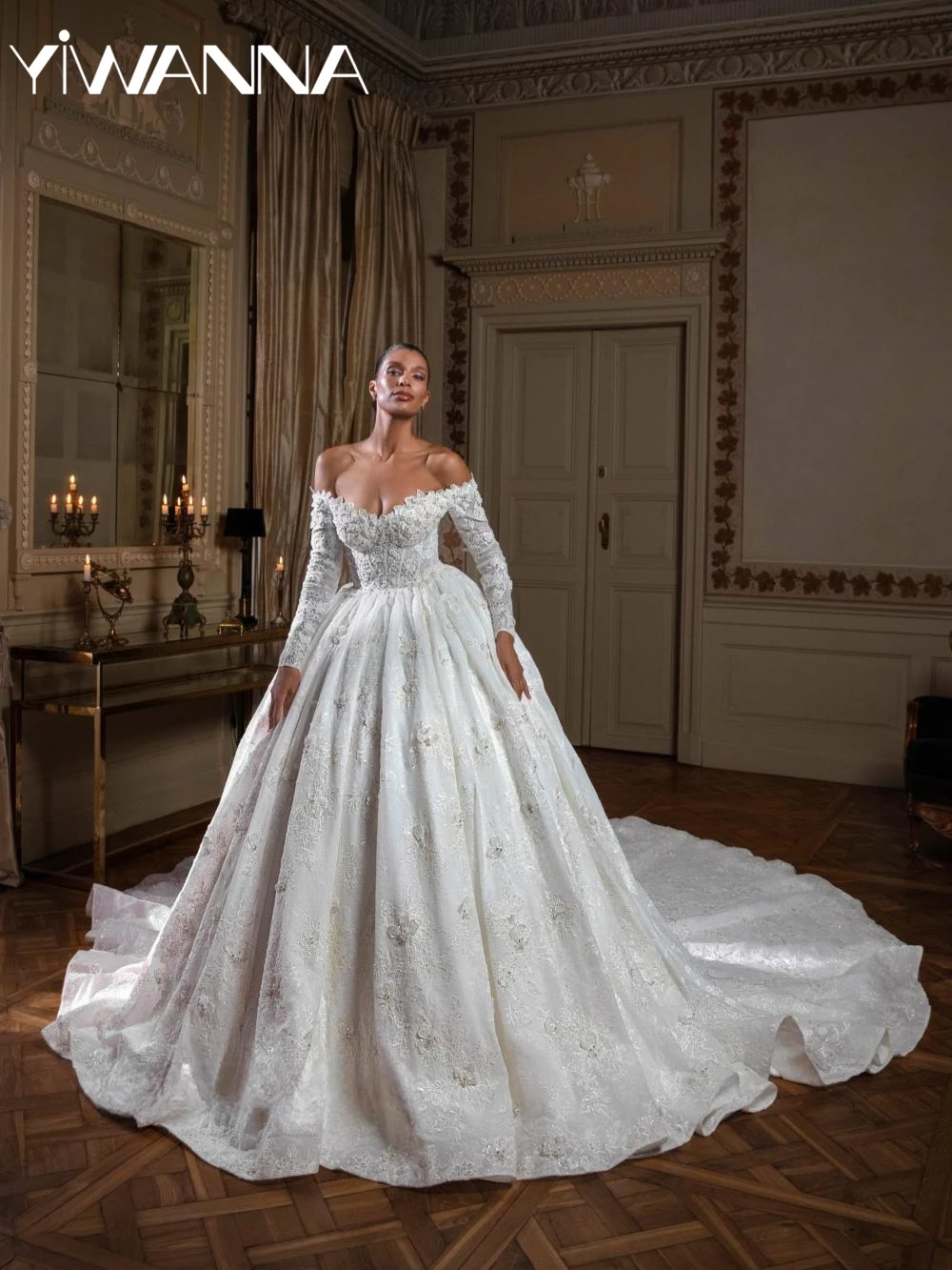 

Shimmering Beaded Lace Long Wedding Dress Charming 3D Flower Off Shoulder Bridal Gown Customized Luxury Dresses For Bride