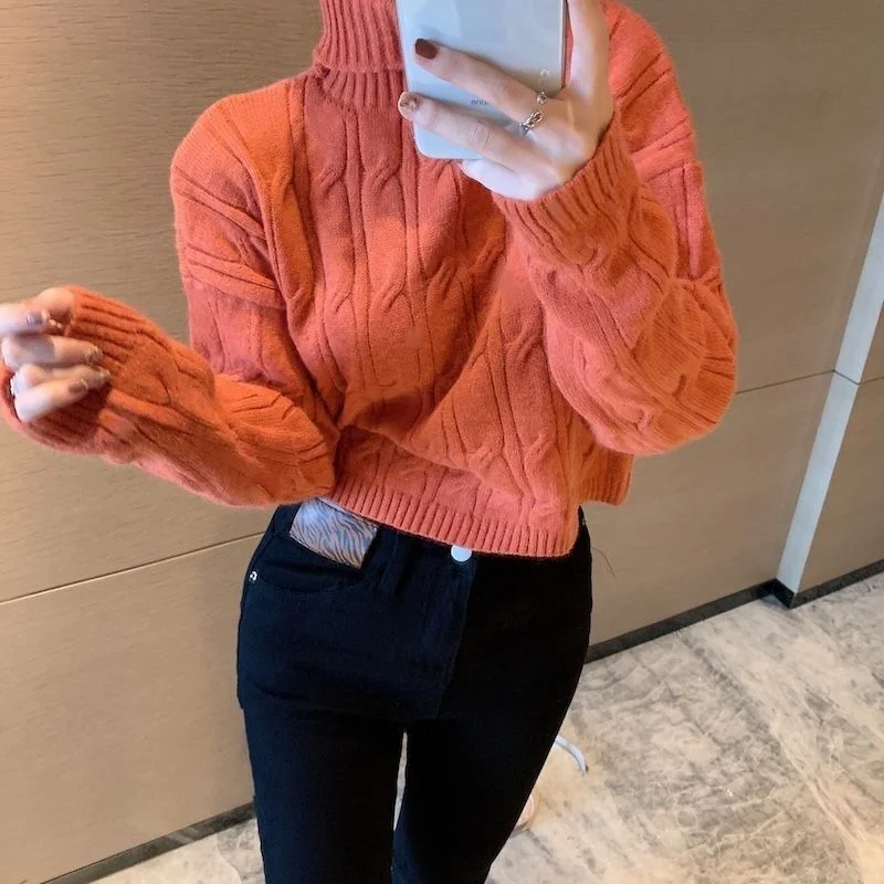 

Women's High Collar Sweater Loose Long Sve Knitted Crop Top Trendy Lazy Sle Autumn Winter New Arrival Korean Version