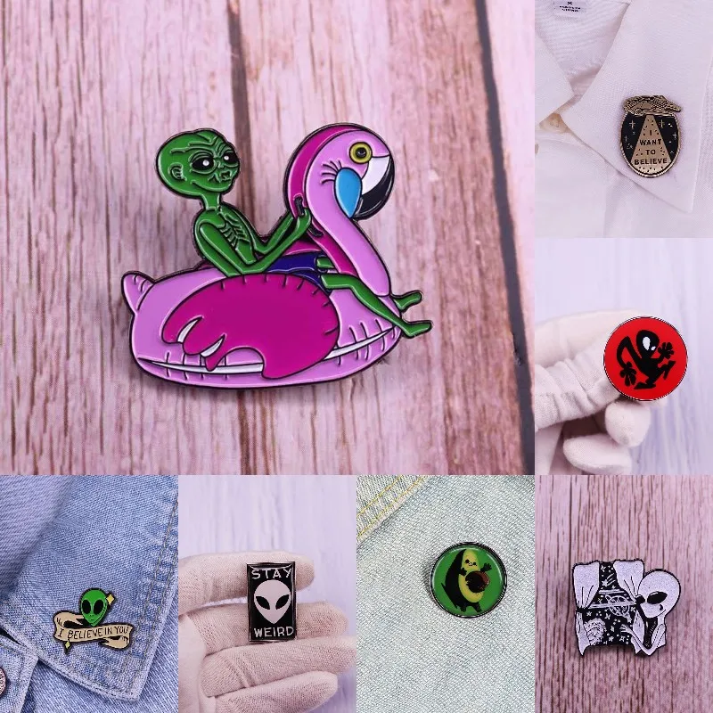Hard Enamel Pins Green Alien Spaceship Cute Cat UFO Avocado Bags Lapel Badge Cartoon Brooches Jewelry Gift For Friends Wholesale