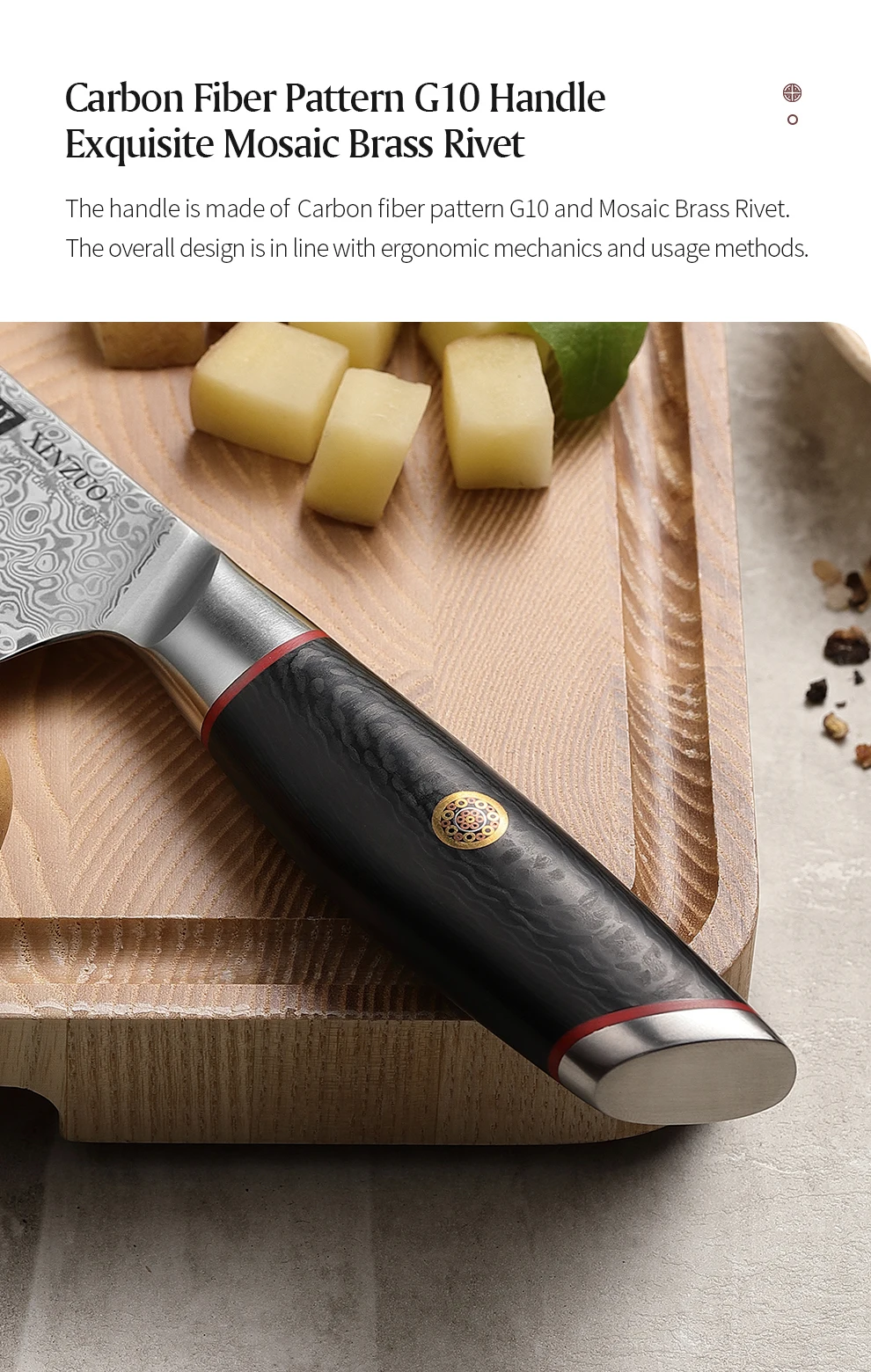 XINZUO 5,8 Zoll Bunka Messer 67 Lagen Damaszener Stahl 10Cr15CoMoV Kern 60 HRC Carbonfaser G10 Griff – Detail 8