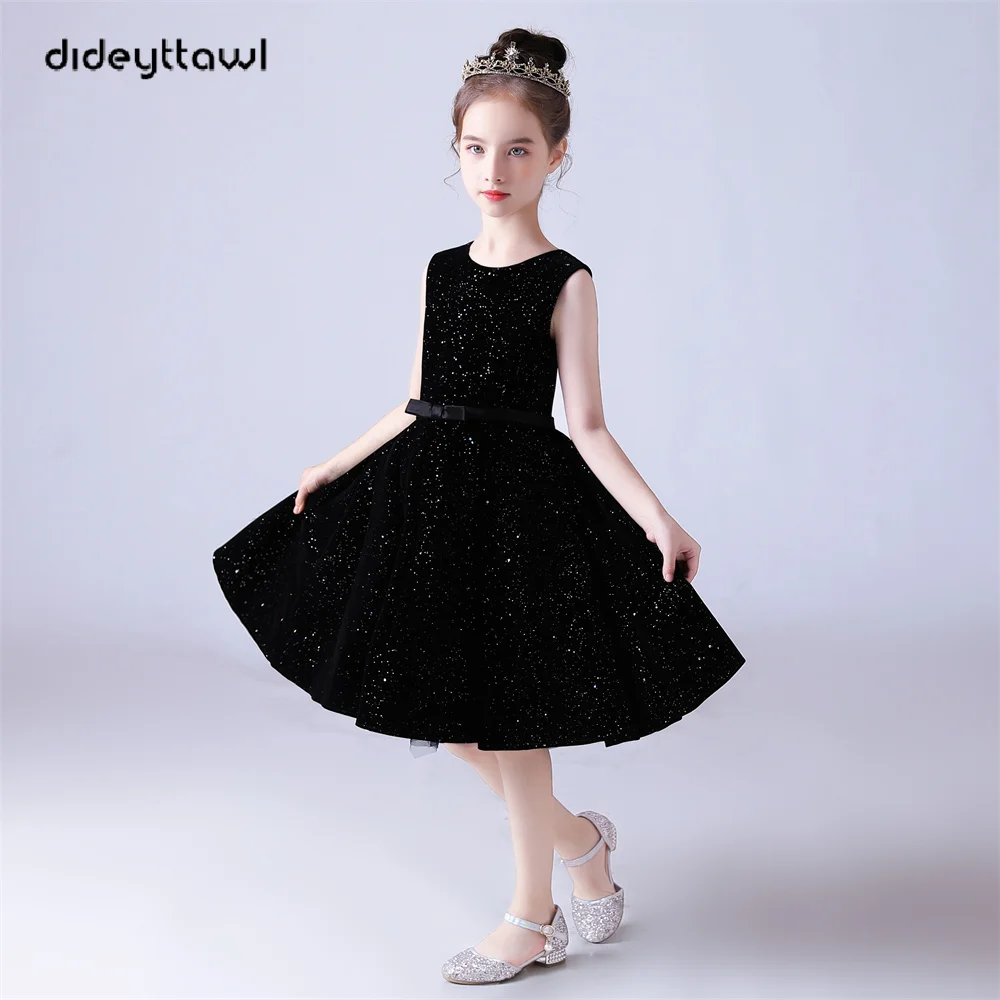 Dideyttawl vestido personalizado para niños niña fiesta de cumpleaños vestidos de princesa brillante sin mangas hasta la rodilla vestidos de niña de flores Vintage