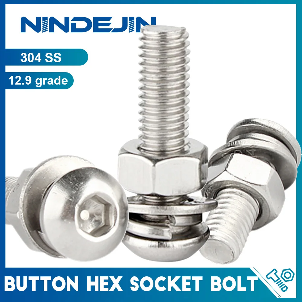 Parafuso e porca de cabeça de botão sextavado com arruelas M2 M2.5 M3 M4 M5 M6 M8 M10 304 Kit de porca de parafuso de cabeça redonda Allen de aço inoxidável