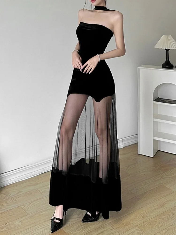 Neck-mounted Black Dress For Women Evening Party Clothing See Through Mesh Pendulum Vestidos De Mujer Slim Fit Robe Femme Été