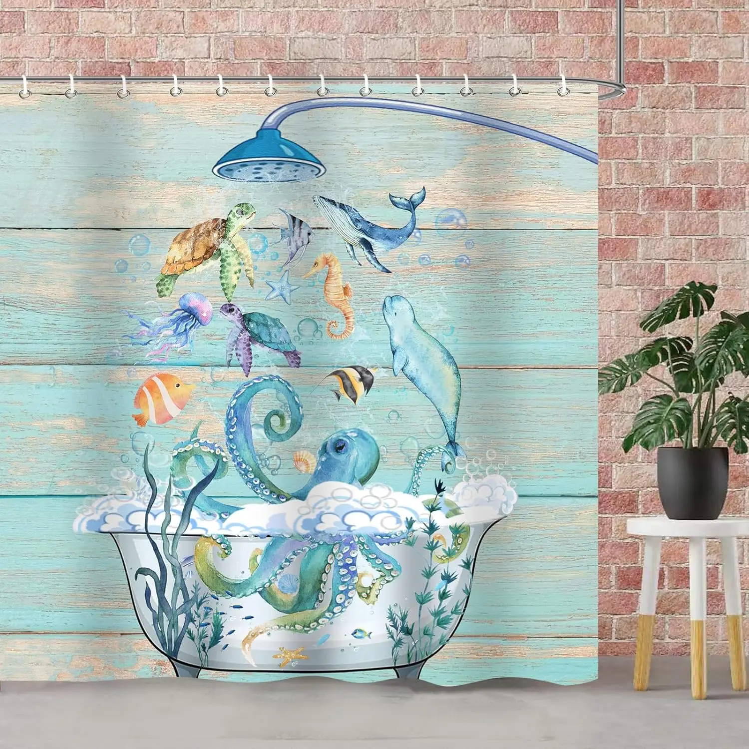 Funny Sea Turtle Shower Curtain,Hilarious Octopus Seaweeds in Bath Ocean Fish Seahorse Jellyfish Humor Shower Curtains Bathroom