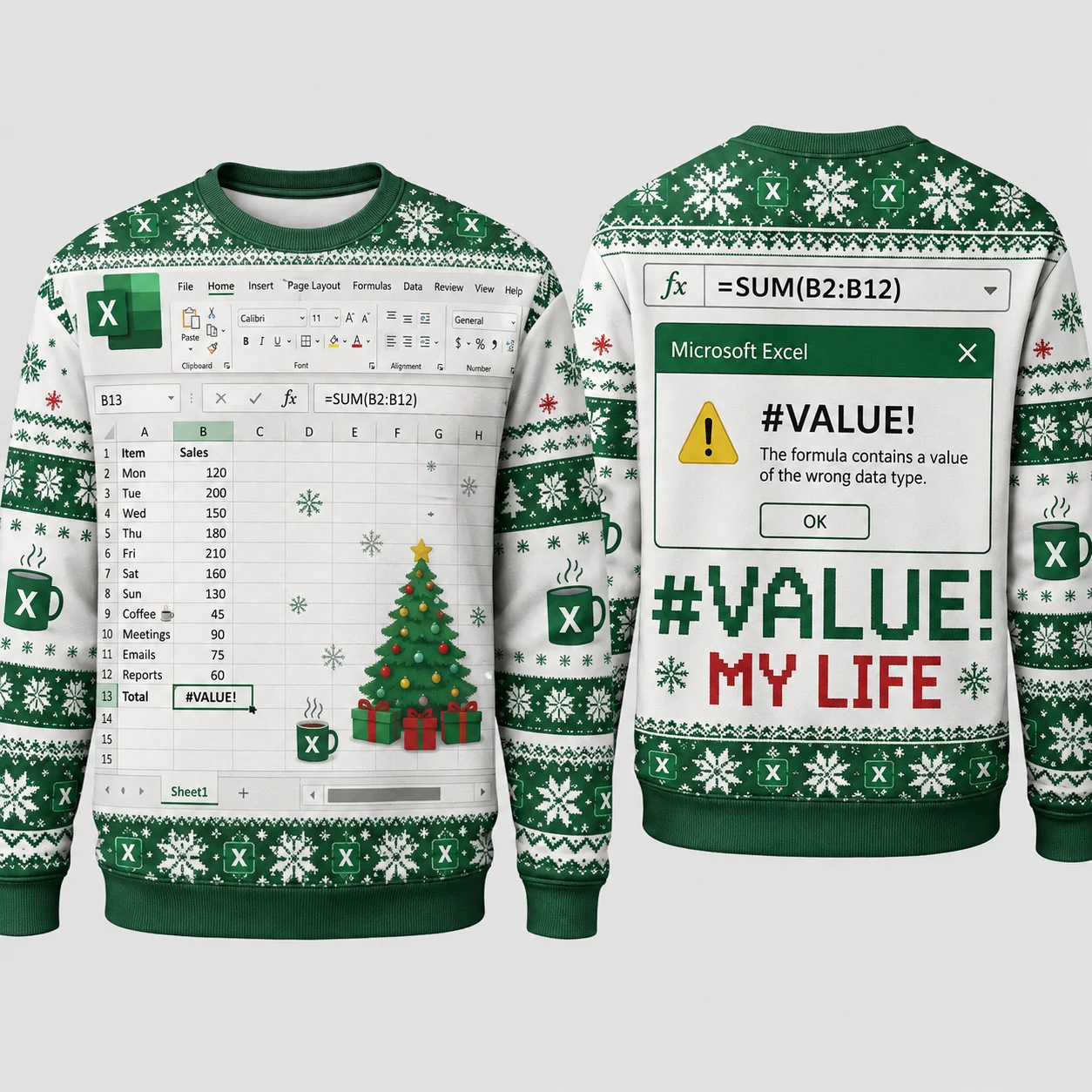 Ugly Christmas Sweater Funny Spreadsheet Error Crewneck Sweatshirt Polyester 3D Print Office Holiday Pullover Gift