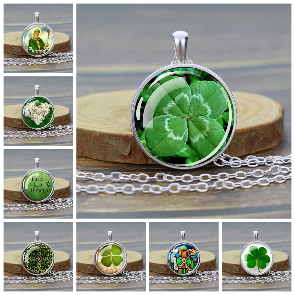 St. Patrick Day Necklaces Glass Cabochon Pendant Necklace Shamrock Clover Chains Amulet Ireland Lucky Green Jewelry Gift