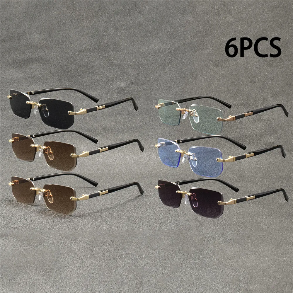 

6PCS Rimless Sunglasses Rectangle Fashion Popular Women Men Shades Small Square Sun Glasses For Female male Summer Traveling