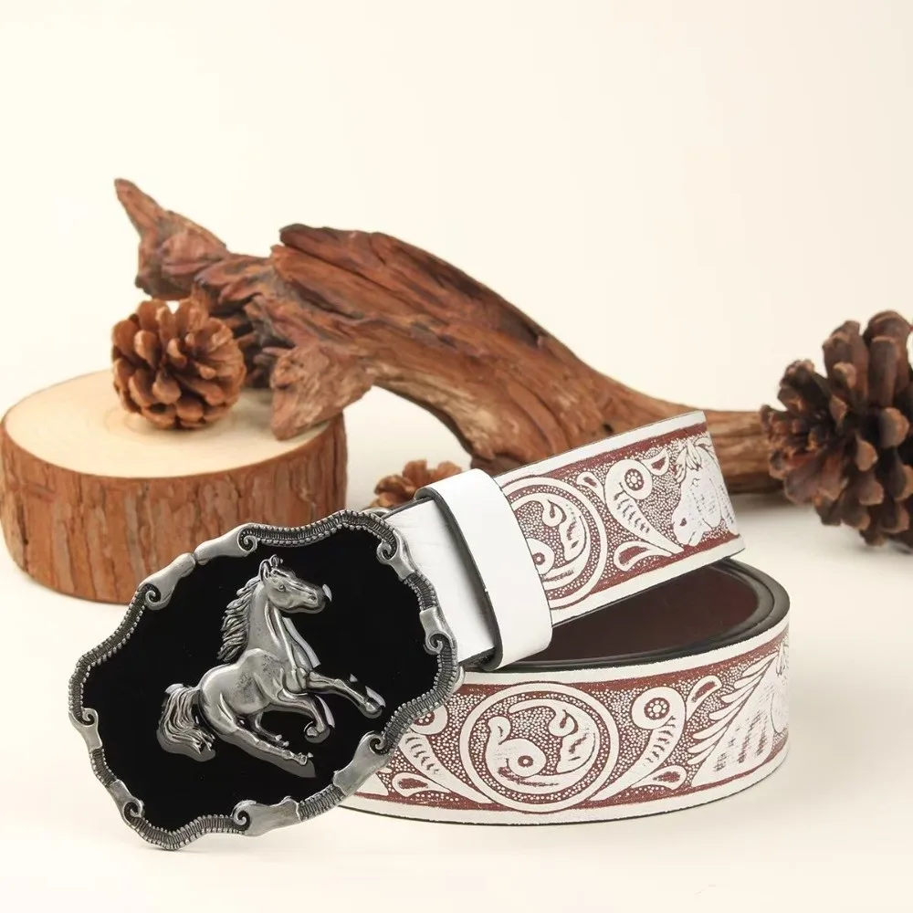 Fashion Running Horse Buckle Western Cowboy Belt Luxury Design Trendy Brand Floral Embossed Belt Cowboy Waist Belt For Men Woman