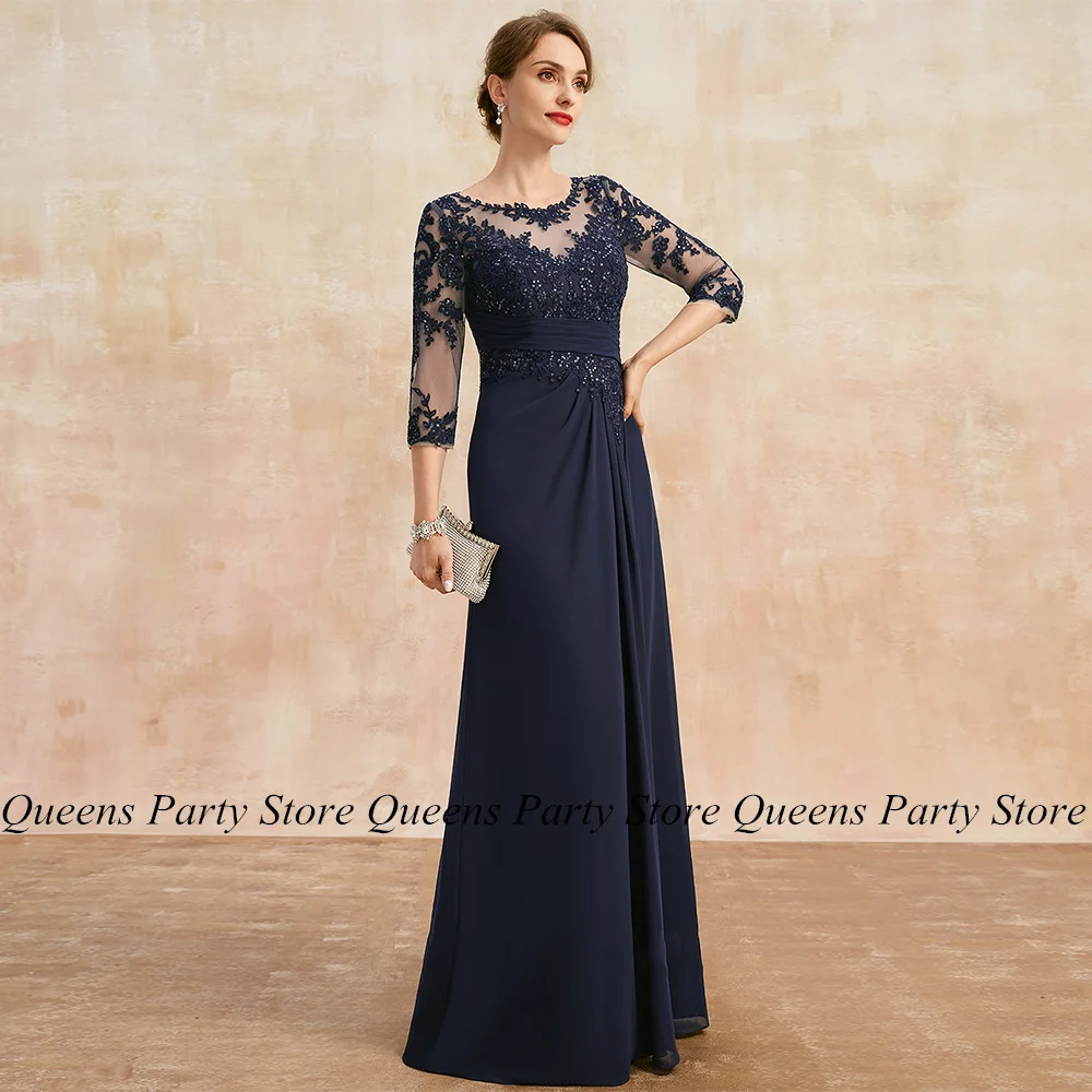 

3/4 Sleeves Navy Chiffon Mother of The Bride Dress Scoop Neck Sequined Applique Back Zipper Floor Length Wedding Guest Gown