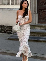 Tossy White Lace Printed Halter Dresses Women's See-Through Slim Fashion Backless Elegant Party Dress Female Hollow Out Dress