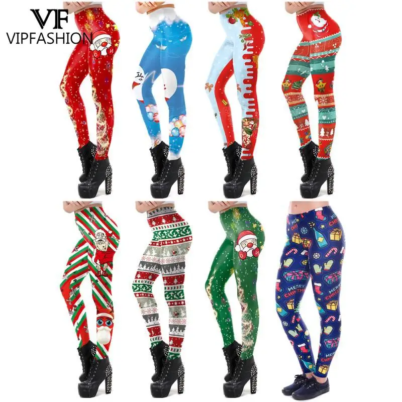 VIP FASHION Women Christmas Leggings Family Gift Trousers Mid Waist Sexy Tights Xmas Party Long Pants Elastic Seam Ugly Clothes