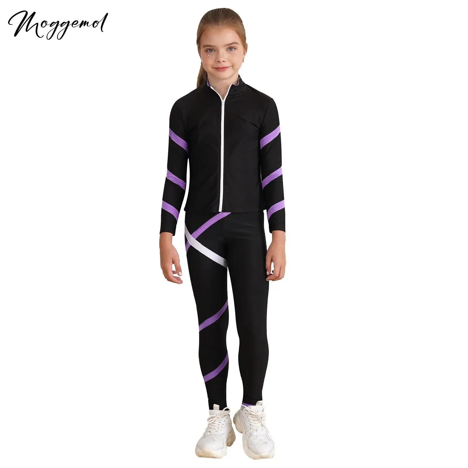 Costume de Patinage Artistique pour Fille, Veste à Manches sulfavec Fermeture Éclair sur le Devant, Pantalon Leggings pour Yoga, Course à Pied, Entraînement de Compétition Professionnelle