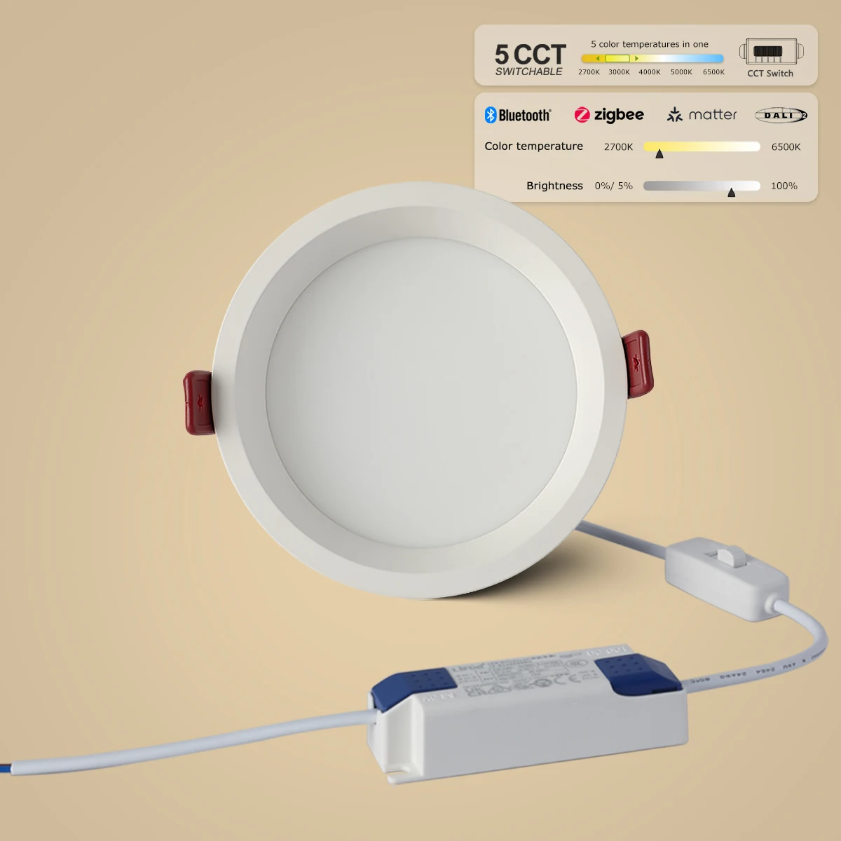 

Recessed LED Ceiling Lights Zigbee/ Matter/ DALI/ 5 CCT Switchable 2700K/3000K/4000K/5000K/6500K Ultra Thin Indoor Lamp