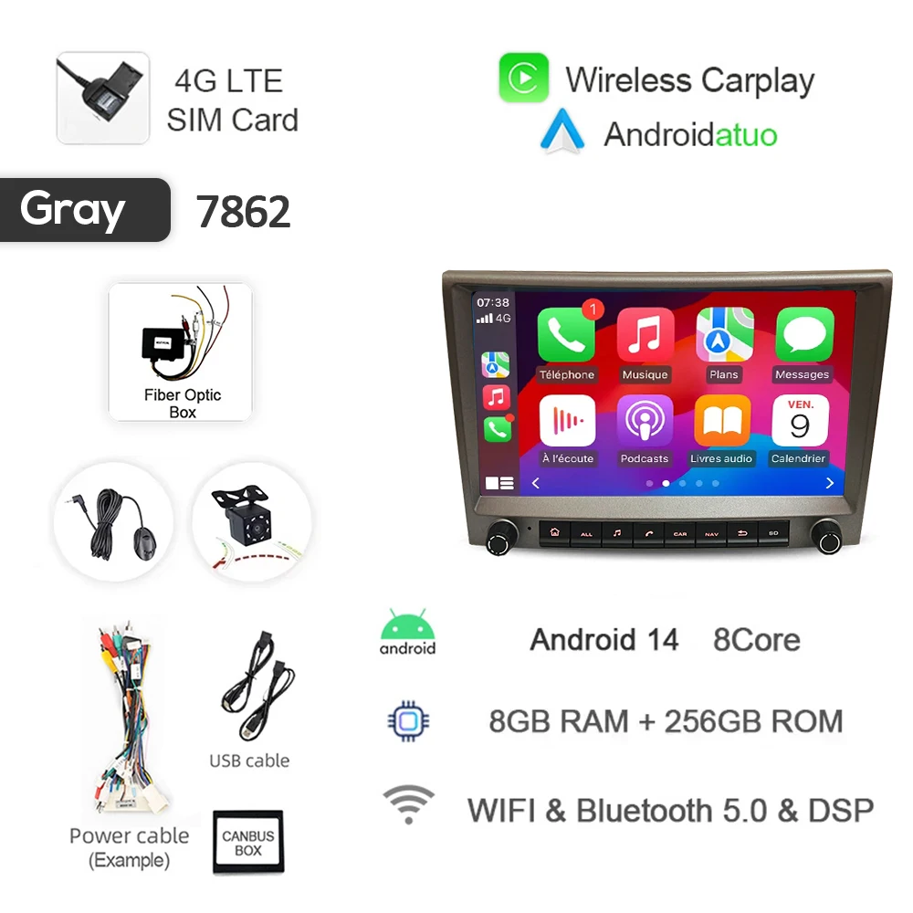 Grijs 720P Auto Android 14 Voor Porsche Cayman 911 987 Boxster 997 CarPlay Autoradio GPS Multimedia navigatie 4GB Bluetooth Wifi