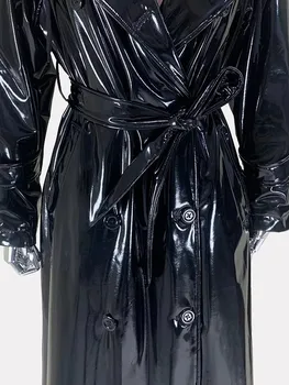 Mauroicardi Spring Autumn Cool Extra Long Shiny Reflective Waterproof Thin Black Soft Patent Faux Leather Coat Women with Hood