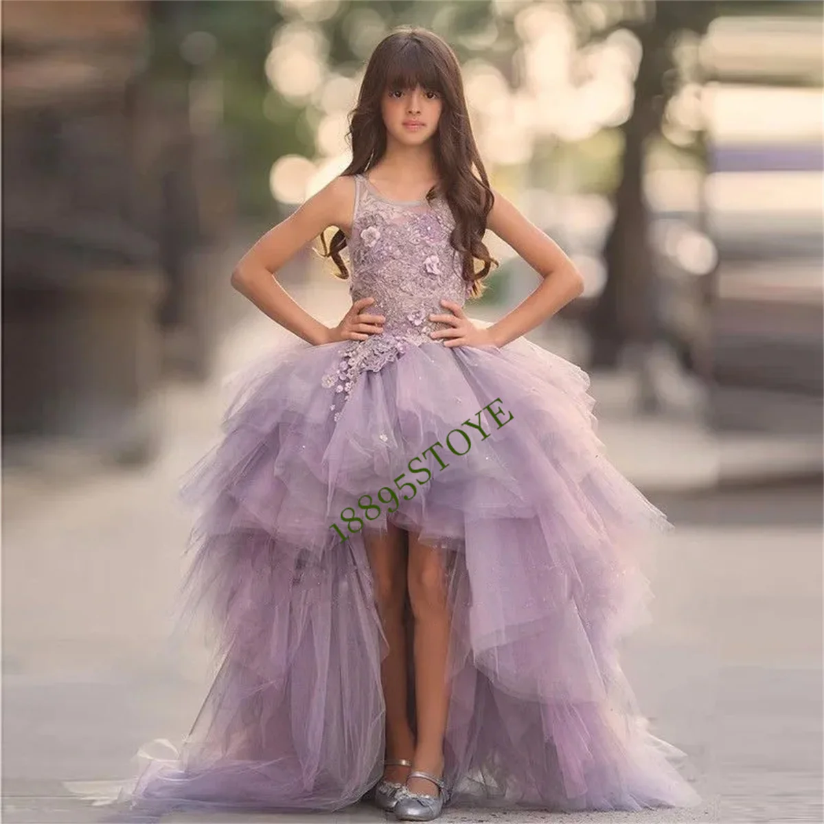 New Arrival Purple Flower Girl Dresses Appliques Ball Gown Formal Ruffles O-Neck Sleeveless Pageant Communion Party Gowns