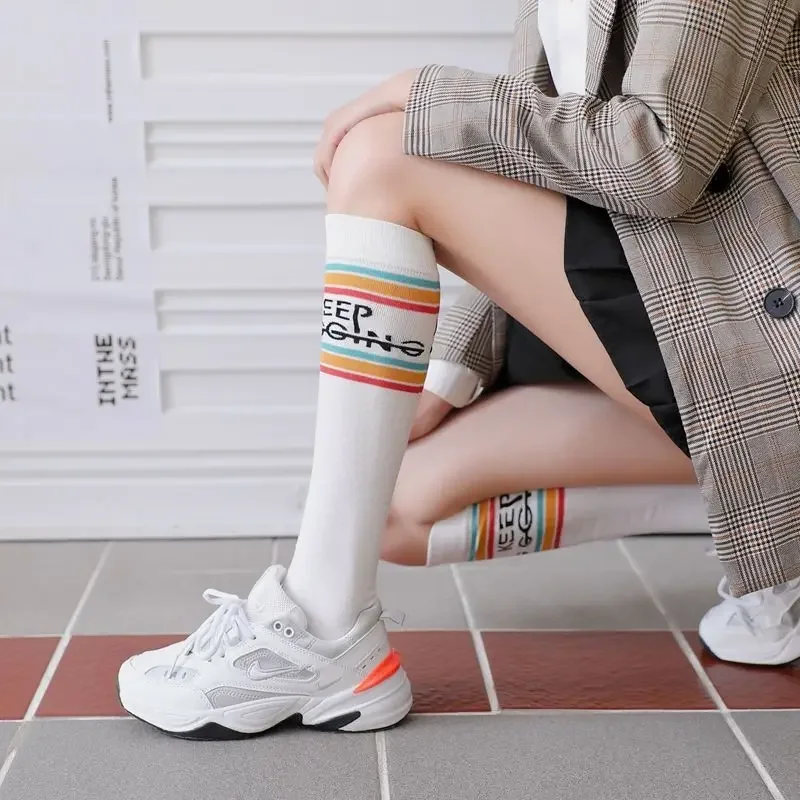 1 Pairs Women Cotton Knee High Socks Black White Solid Fashion Casual Calf Female Girl Party Dancing Sexy Striped Long Socks