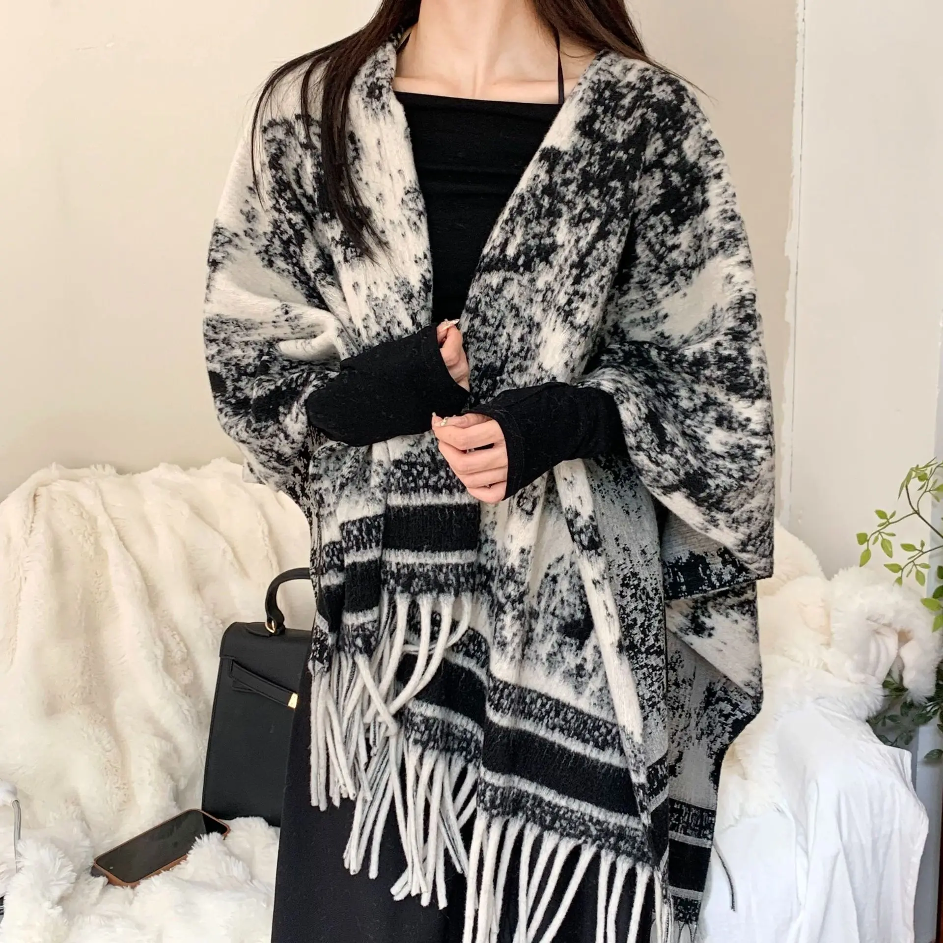 Women Vintage Reversible Cape Shawl Jacket Cashmere Fringe Scarf Winter Long Knitted Shawl Warm Windproof Female Traveling Wraps