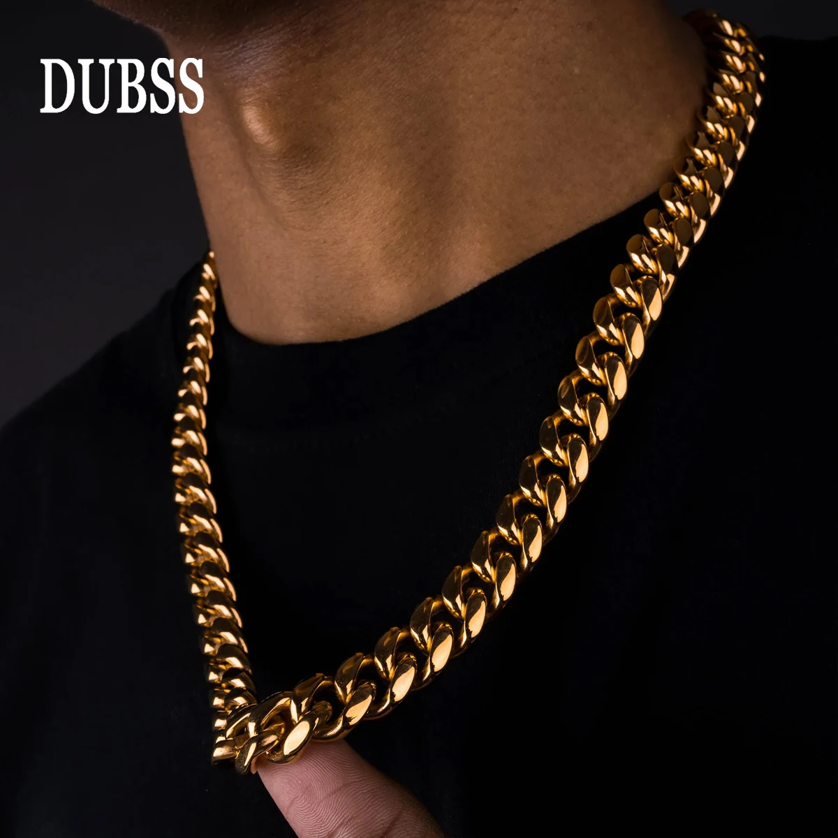 

DUBSS Iced Cuban Chain Necklace Men's Hip hop Jewelry Stainless Steel Bling Rhinestone Clasp Miami Cuban Link Necklace