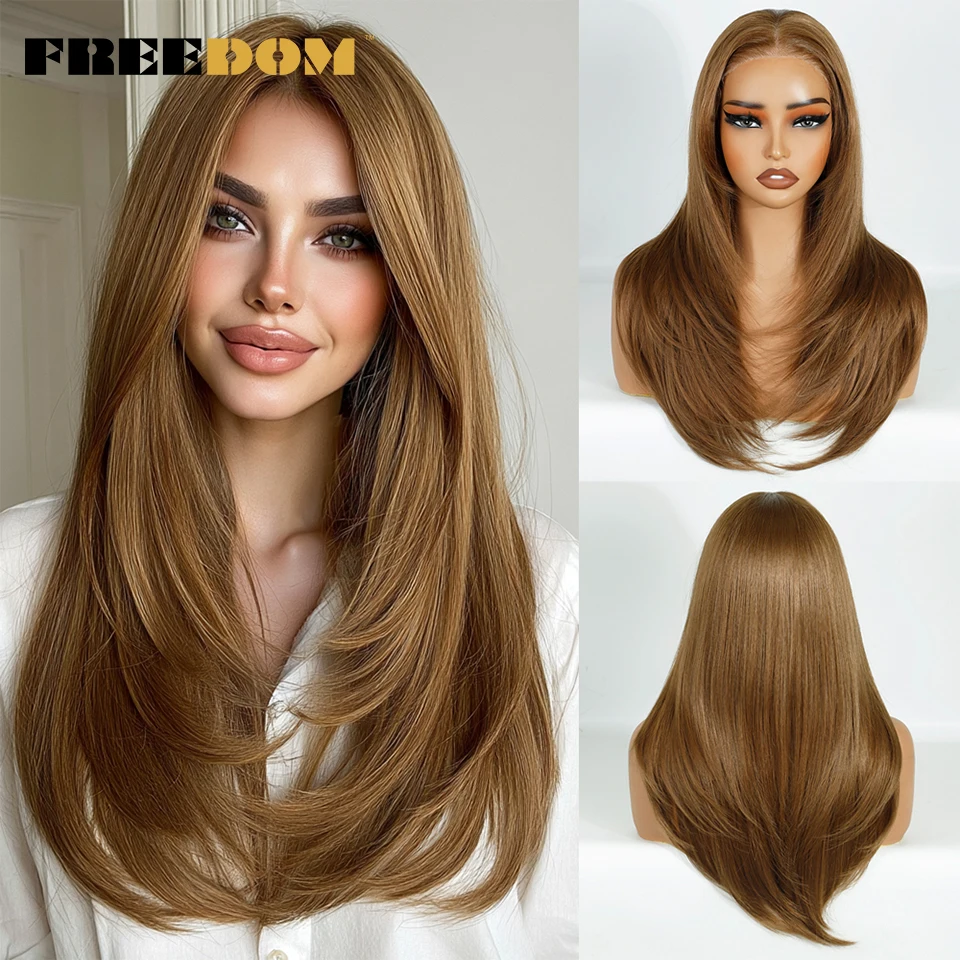 FREEDOM Synthetische Lace-Front-Perücken für Frauen, 20 Zoll, 13x3, glatt, vorgezupft, geschichtete Spitzenperücken, Ombre Braun Blond, Perücke für den täglichen Gebrauch – Detail 9