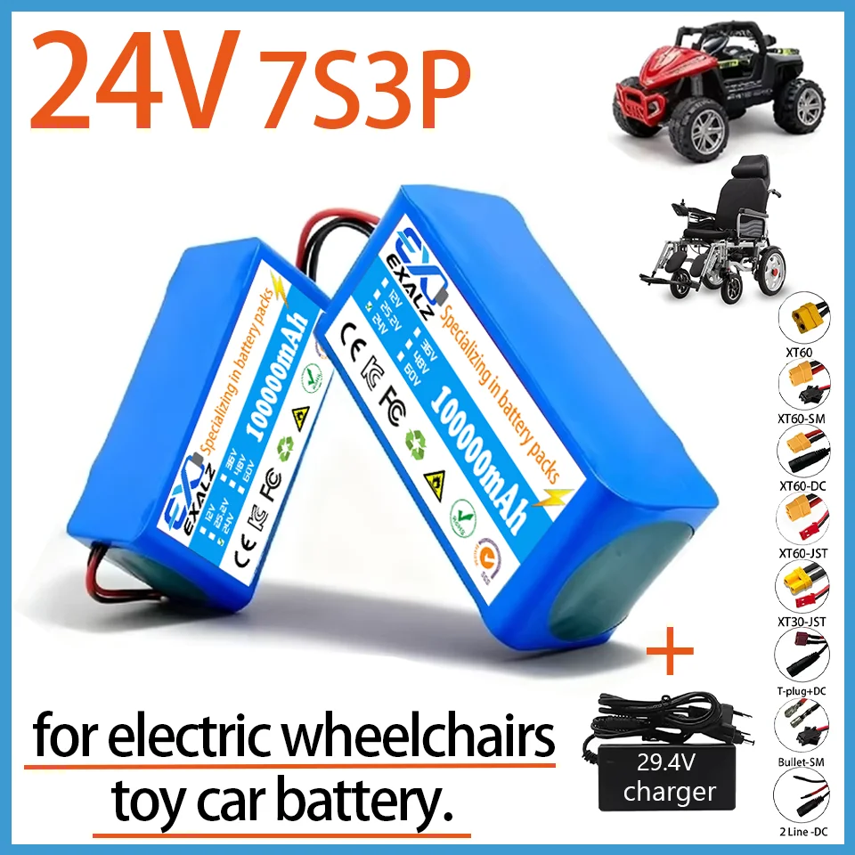 24V Electric Wheelchair Battery Lithium Pack 7S3P 18650 100Ah for Toy Car E-scooter with BMS 29.4V US/EU 2A Charger