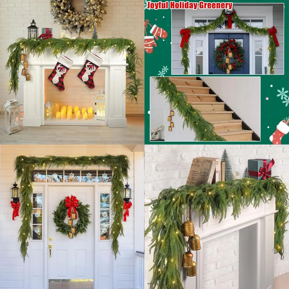 

Artificial Greenery Garland with Cow Bells and Jute Rope for Christmas Indoor Decor, Green, Winter Pine Look
