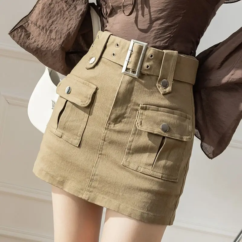Casual Khaki High Waist Cargo Mini Skirt for Women, A-Line Short Skirt with Belt and Flap Pockets, Y2K Streetwear