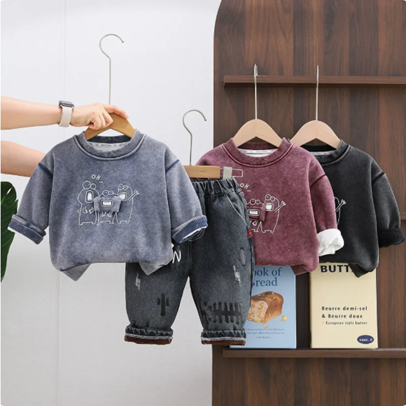 Boys Clothes Sets Autumn Winter Children's Thick Velvet Sweatshirts Tops Denim Pants 2pcs Warm Suit Baby Casual Tracksuits Kids
