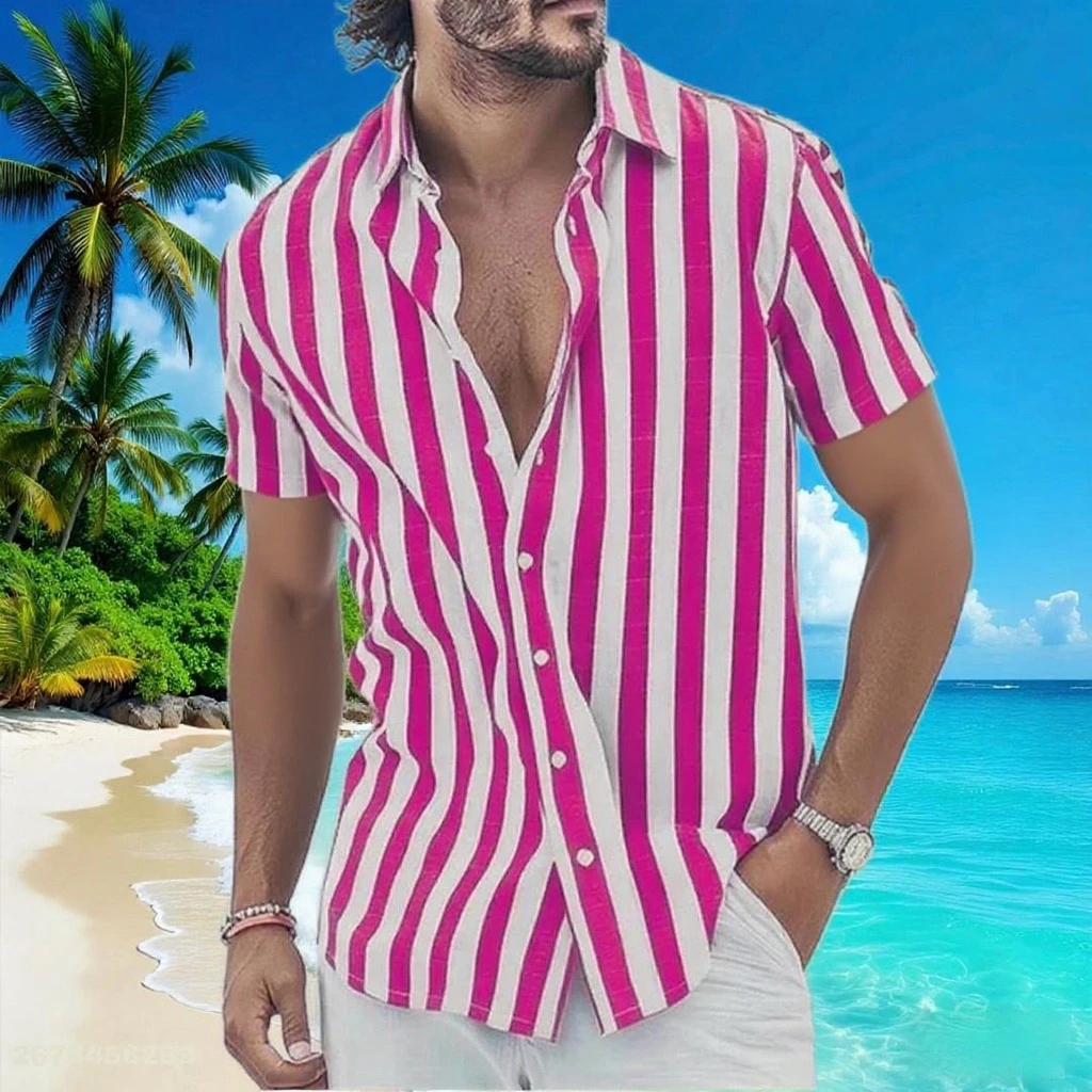 Men's Multicolor Geometric Striped Button Short Sleeve Shirt Fashionable and Comfortable Fabric Daily Beach Vacation Shirt
