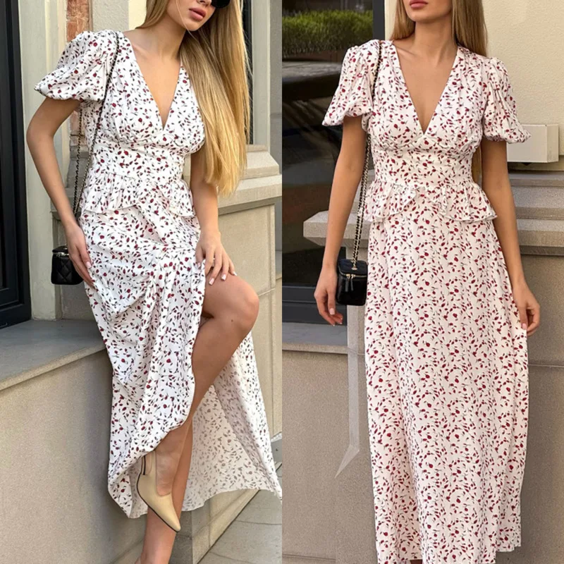 

Elegant Floral V Neck High Waisted Dress Vintage Floral Print Slim Fit Bubble Sleeve Dress Summer New Women Party Holiday Dress