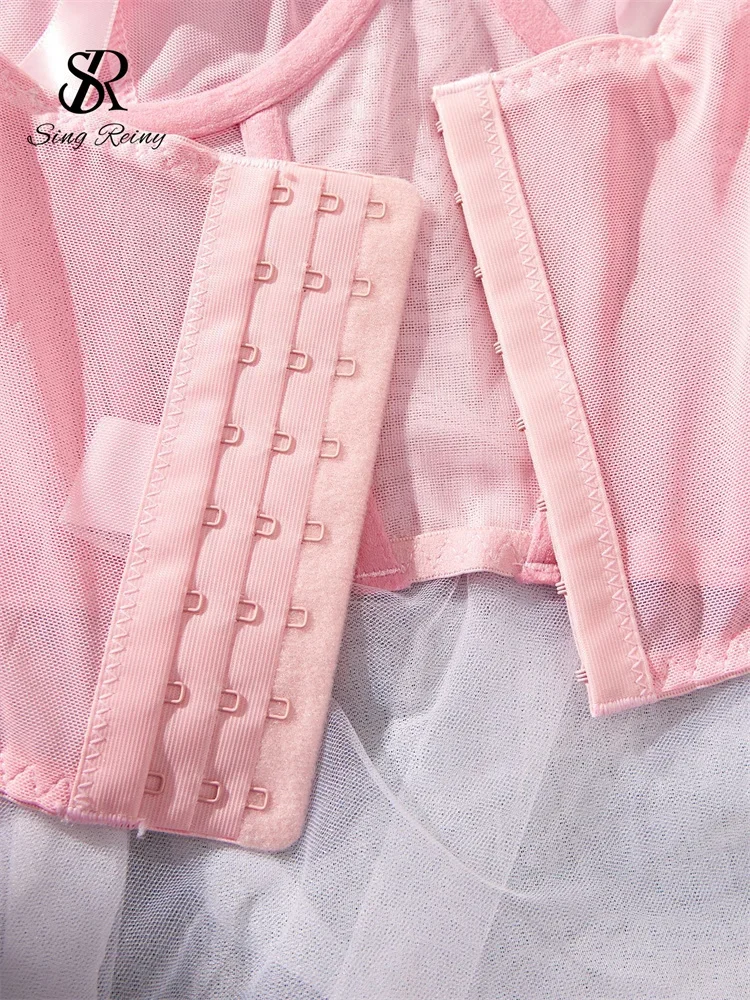 SINGREINY 3D 플로럴 메쉬 섹시 란제리 정장, 활 스트랩 슬림 코르셋, 미니 브리프, 여성용 아메리칸 쉬어 속옷, 투피스 세트