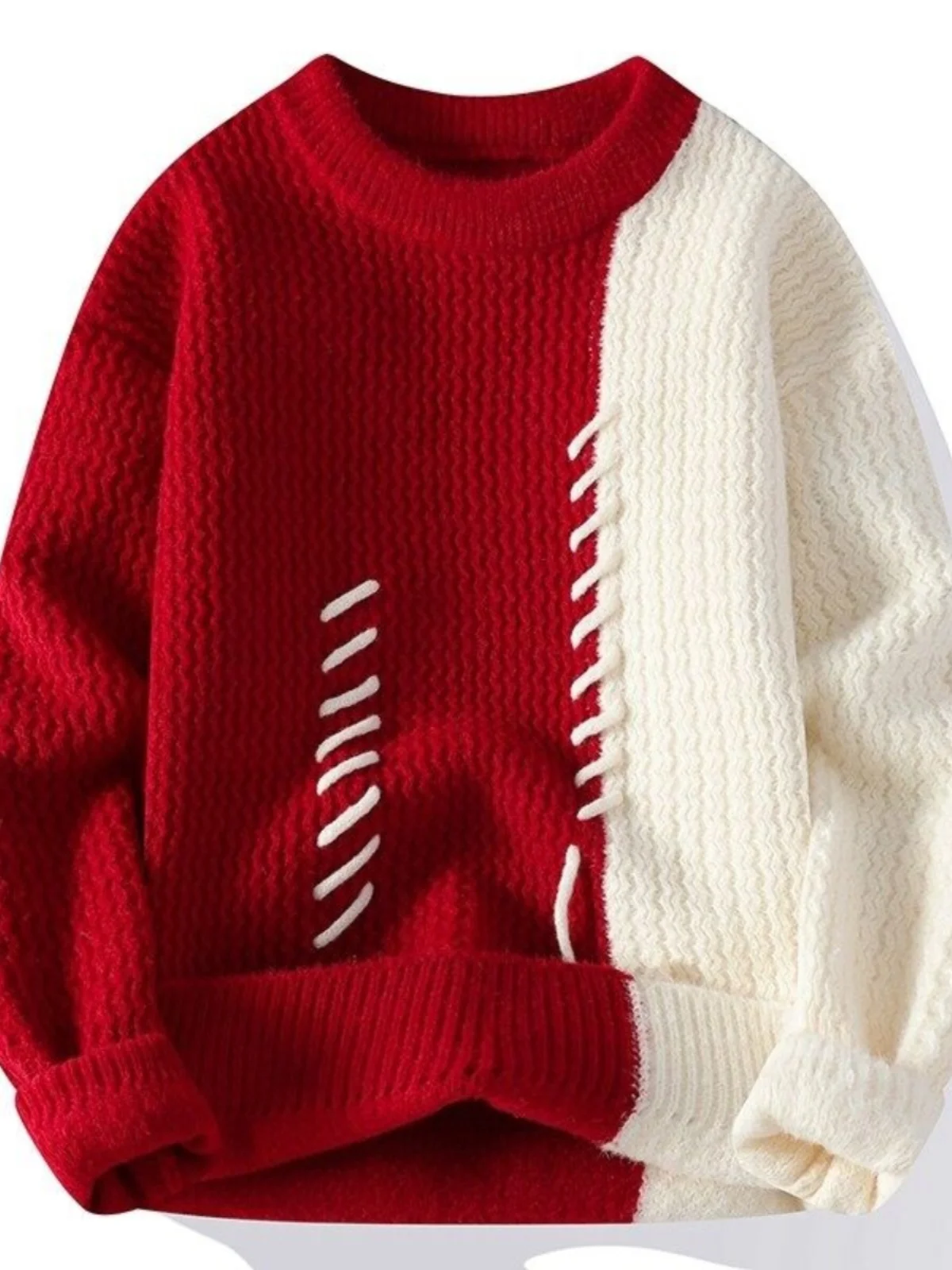 

Мужской вязаный свитер большого размера, утепленный, с круглым вырезом, повседневный, теплый, из шерстяной пряжи, красный, с дизайнерским узором, осень-зима