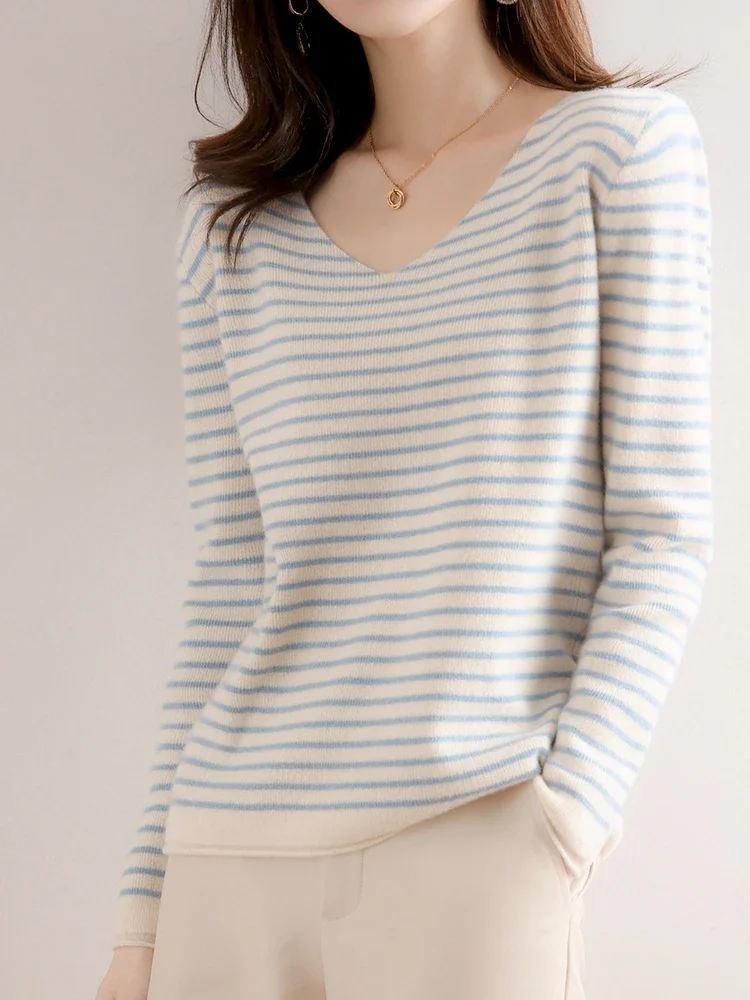 2024 New Striped V-neck Sweater Women's All-Match Loose Sweater Fall Winter Fashion Bottoming Shirt Inner Wear Blouse