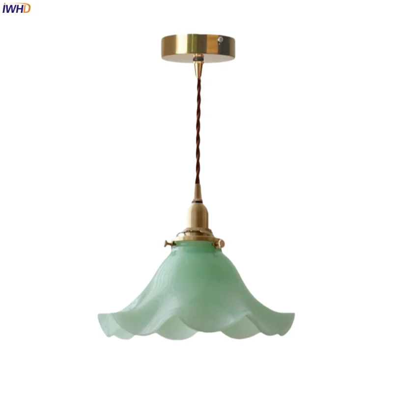 

IWHD Green Glass LED Pendant Lights Kitchen Island Living Room Bedside Loft Home Lighting French Vintage hanging lamp luminaria