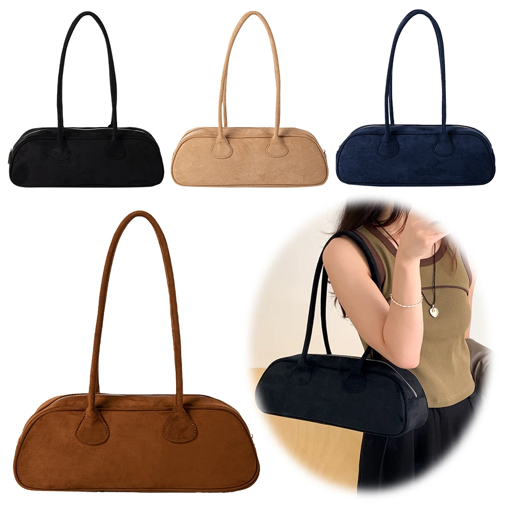 

Women Suede Boston Tote Bag Suede Shoulder Bag Zipper Bowling Handbag Solid Color Multi-pocket Clutch Purse for Shopping Travel